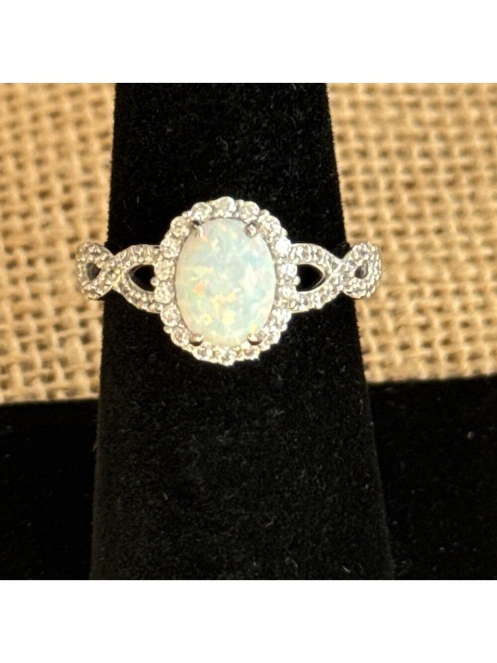 Sterling Silver Ring Diamonique CZ and Simulated Opal Infinity Band Sz 7.75
